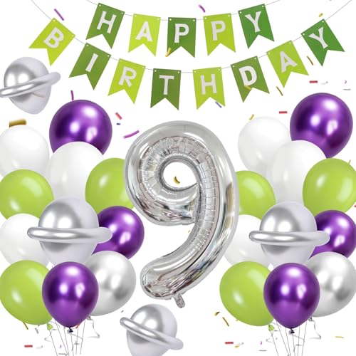 Luftballons 2 Geburtstag Junge Grün Lila 2 Geburtstag Luftballons mit Happy Birthday Banner Latexballon Folienballon und Band, Geburtstagsdeko (Zahl 9) von Bomiclss
