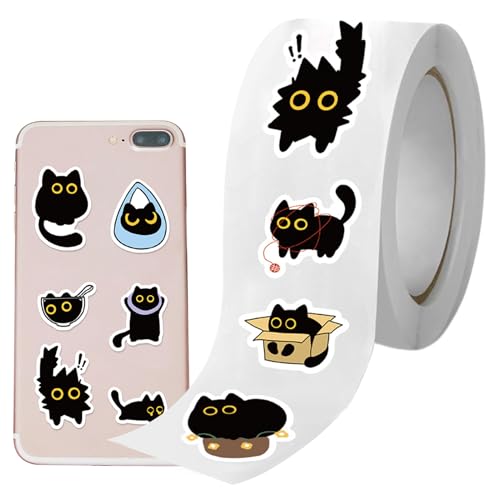 BommFu Katzenaufkleber,Niedliches Schwarzes Kätzchen Aufkleber für Wasserflaschen - 500 Sticker/Rolle, Katzen Motive Für Briefe Flaschen Laptops Tagebücher Deko Jugendliche Erwachsene Kinder Geschenke von BommFu