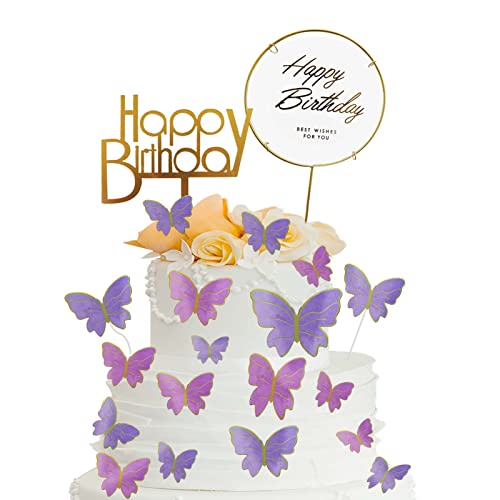 Bontiady 22 Stück Schmetterlingen Kuchendekorationen, Geburtstagstortendekoration, mit 2 Happy Birthday Tortenaufsätzen, für Kuchendekoration, Hochzeit, Babyparty (Lila + Pink) von BonTiady