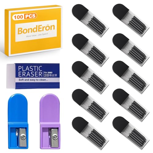 BondEron 100 Stück Zirkelminen 2mm 2B, Bruchfeste Ersatzminen Set mit Spitzer Radiergummi, Universal Kompatibel für Technisches Zeichnen Geometrie Schule von BondEron