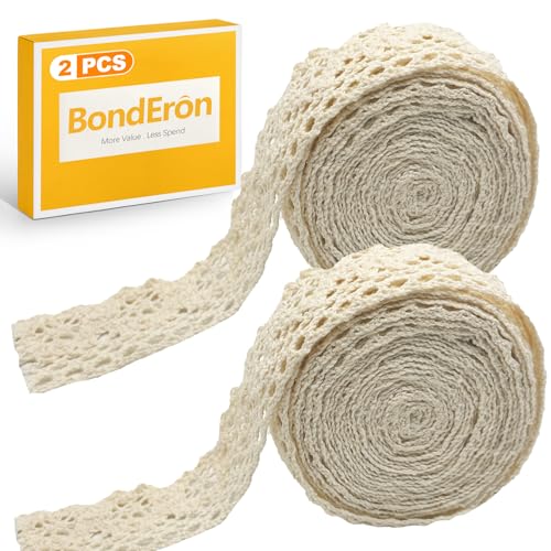 BondEron 4m (2 Rollen x 2m) Selbstklebendes Spitzenband Beige Vintage 2cm Breit, Spitzenborte Dekoband Zierband für Hochzeit Deko Basteln Scrapbooking von BondEron