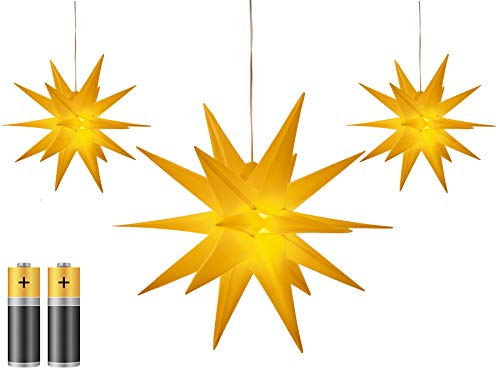3er Pack 3D Leuchtstern Ø 25 cm - Weihnachtsstern mit warm-weißer Beleuchtung, für Innen und Außen geeignet, hängend, 100 cm Zuleitung, batteriebetrieben (gelb) von Bonetti
