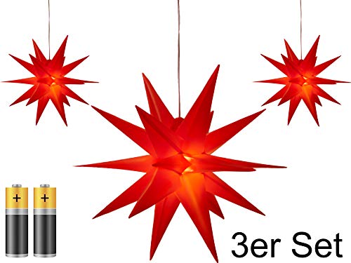 3er Pack 3D Leuchtstern - Weihnachtsstern mit warm-weißer Beleuchtung, für Innen und Außen geeignet, hängend, 100 cm Zuleitung, ca. Ø 25 cm, batteriebetrieben (rot) von Bonetti
