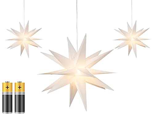 3er Pack 3D Leuchtstern - Weihnachtsstern mit warm-weißer Beleuchtung, für Innen und Außen geeignet, hängend, 100 cm Zuleitung, ca. Ø 25 cm, batteriebetrieben (weiß) von Bonetti