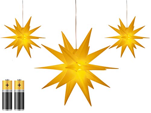 3er Pack 3D Leuchtstern Ø 25 cm - Weihnachtsstern mit warm-weißer Beleuchtung, für Innen und Außen geeignet, hängend, 100 cm Zuleitung, batteriebetrieben (gelb) von Bonetti