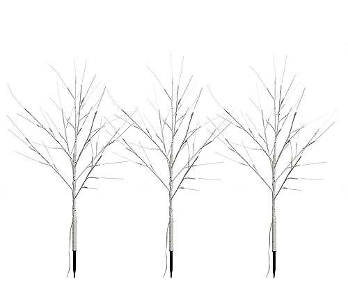3er Set Lichterstrauch in Birkenbaum-Optik warm-weißen LED Lichtern, Timer, 10 Meter Zuleitung, Lichterzweige Innen und Außen, weiß-schwarz (3er Set Lichtersträuche, ca. 80 cm hoch) von Bonetti