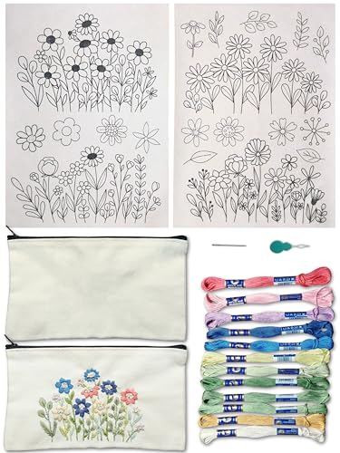 Stickset Tasche | Sticken für Anfänger + E-Book Anleitung, Kreativset für Erwachsene, DIY Set Erwachsene durch Handarbeit, 2x Canvas Kosmetiktasche | DIY Stickset / Embroidery Set (Blumenmotive) von Bonimera
