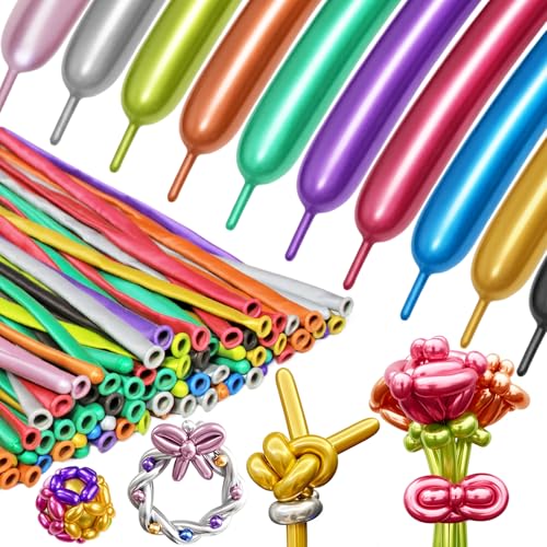 Modellierballons 100 Stück Metallic Gemischte Farbe 260Q Lange Twisting Ballon Latex Magische Ballons für Party Geburtstag Hochzeit Clown Dekorationen (Metallic Ballons) von Bonjle
