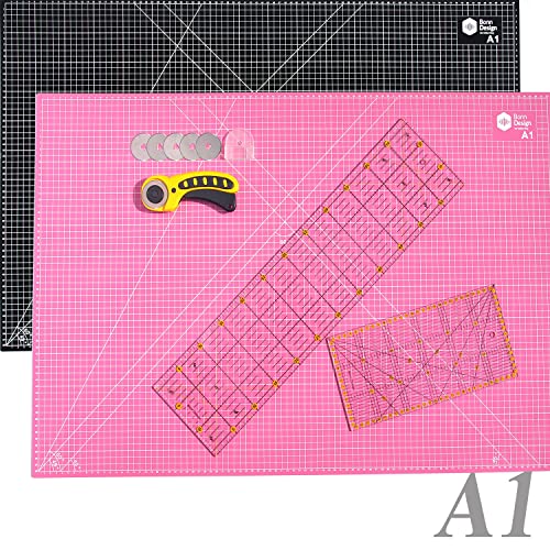 45 mm Rollschneider Set inkl. Schneideunterlage A1 90x60cm 5-Lagig + 5x Ersatzklingen + 2x Patchwork-Lineal Premium Stoffschneider selbstheilend Schneidematte im A1-Format Rosa/Schwarz Starter Set 45 mm Rollschneider Set inkl. Schneideunterlage A1 90x60cm 5-Lagig + 5x Ersatzklingen + 2x Patchwork-Lineal Premium Stoffschneider selbstheilend Schneidematte im A1-Format Rosa/Schwarz Starter Set von Bonn-Design