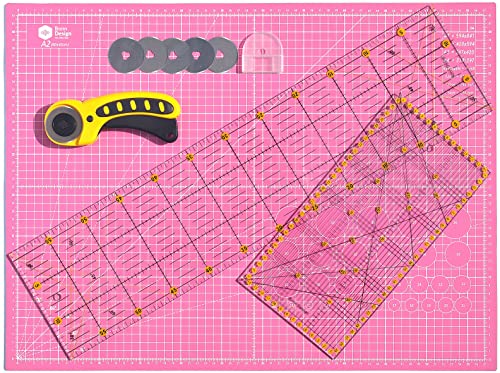 45 mm Rollschneider Stoffschneider Set inkl. selbstheilende Schneideunterlage A2 60x45cm 5-Lagig + 5x Ersatzklingen + 2x Patchwork-Lineal Premium Schneidematte im A2-Format Rosa/Schwarz Starter Set 45 mm Rollschneider Stoffschneider Set inkl. selbstheilende Schneideunterlage A2 60x45cm 5-Lagig + 5x Ersatzklingen + 2x Patchwork-Lineal Premium Schneidematte im A2-Format Rosa/Schwarz Starter Set von Bonn-Design