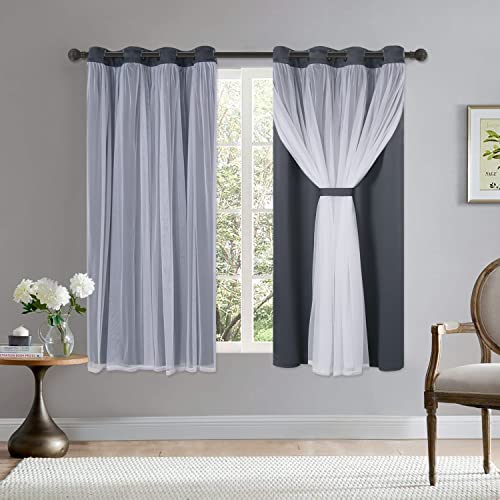 BONZER Graue Verdunkelungsvorhänge mit weißem, durchscheinendem Voile, doppellagig, Mix and Match, Vorhänge mit Ösen, für Schlafzimmer, Grau, 132 x 160 cm, 2er-Set von Bonzer