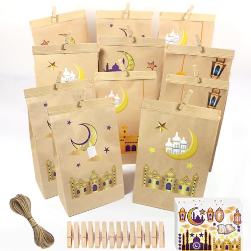 Eid Mubarak Geschenktüten,30 Stück Eid Mubarak Papiertüten Tüten Dekoration,Ramadan Tüten Zum Befüllen,DIY Ramadan Candy Tasche für Islamischen Muslim Eid Party mit 36 Clips,Aufkleber,2mm * 10m Schnur von Booaee