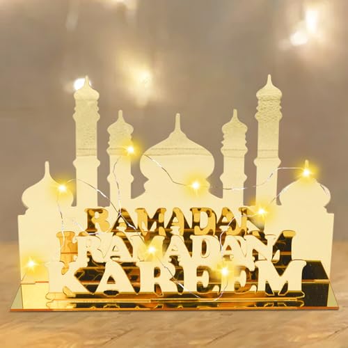 Booaee Acryl Eid Mubarak Tischdekoration, Ramadan Deko mit Goldfarbenem Schlossdesign und Lichtstreifen, für Zuhause und Büro von Booaee