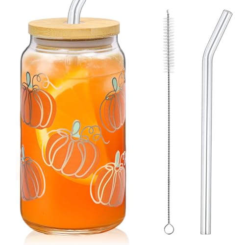 Halloween Gläser,500ml Trinkbecher mit Deckel und Strohhalm Helloween Herbst kürbis Trinkgläser Eiskaffeetasse Kürbis Glas Glasbecher Halloween Tasse Kaffeetasse Frauen Geschenke für Milch,Kaffee,Saft von Booaee