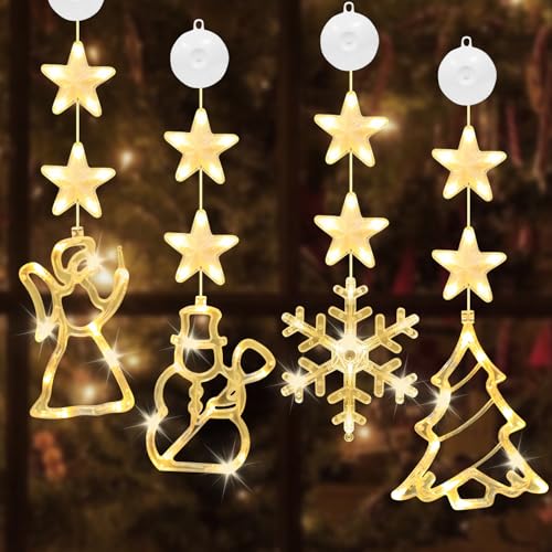 Booaee Weihnachtsbeleuchtung,4 LED Fensterdeko Weihnachten Saugnapf Weihnachten Lichter Schneeflocken, Schneemann,Engel Weihnachtsbaum Weihnachtlichen Lichterketten Warmweißes Licht Innen Außen Deko von Booaee