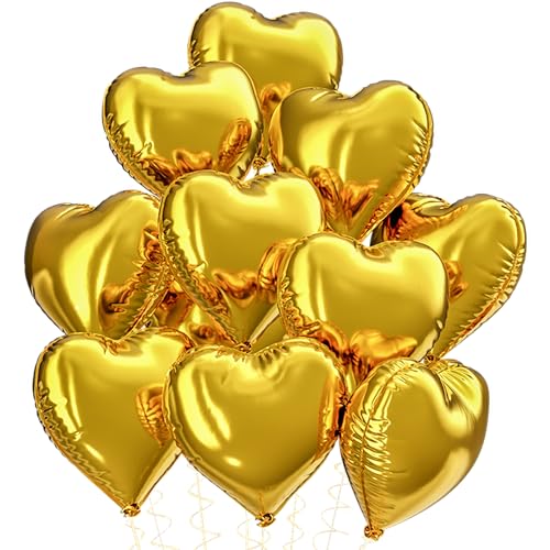 Boojarr Goldfolien-Herzballons, 10 Stück herzförmige Folienballons, 45,7 cm, goldene Heliumballons für Valentinstag, Verlobung, Hochzeit, Jahrestag, Geburtstagsparty-Dekorationen von Boojarr