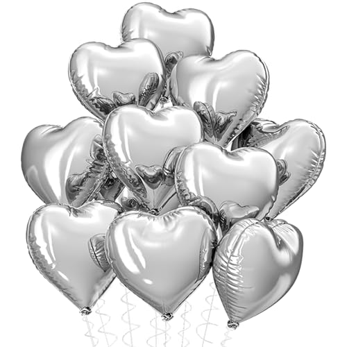Boojarr Silberfarbene Herzballons, 10 Stück Folienballons in Herzform, 45,7 cm, Helium-Luftballons, Party-Dekorationen für Valentinstag, Verlobung, Hochzeit, Jahrestag, Brautparty, Geburtstagsparty von Boojarr