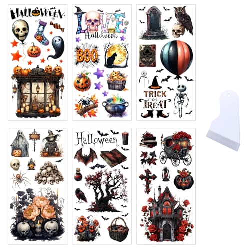 6 Blatt Halloween Sticker Rub On Transfer Aufkleber Kürbis Schädel Geist Aufkleber Vintage Ästhetische Halloween Party Deko Sticker für Möbel Fenster Flasche Laptop Holz Scrapbook von BoomTeck