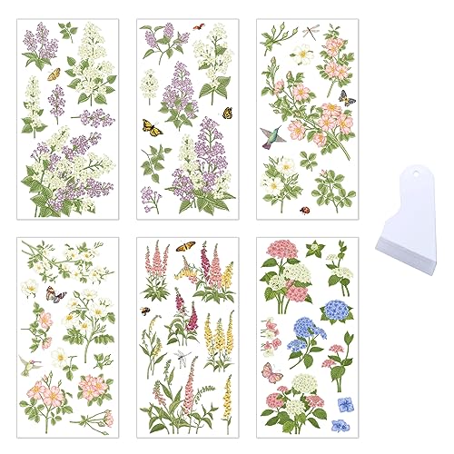 6 Blatt Rub On Transfer Aufkleber Blumen Aufkleber Pflanzen Blätter Schmetterling Vogel Wildblumen Vintage Küche Deko Ästhetische Transfer Sticker für Möbel Fenster Flasche Laptop Scrapbooking von BoomTeck