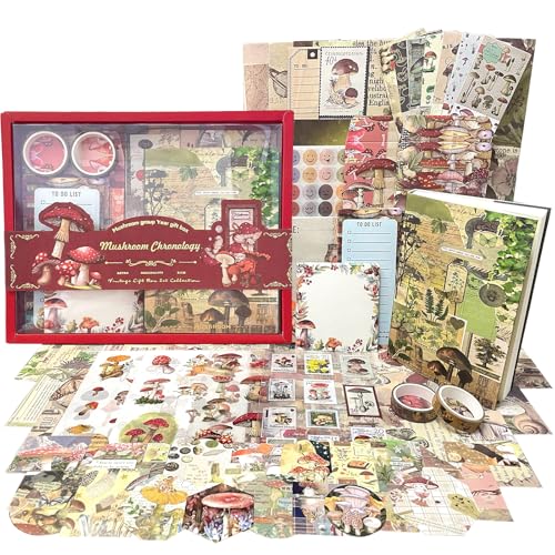 Vintage Scrapbook Zubehör Set, 223Pcs Ästhetisches Junk Journal Kit mit A6 Raster Notizbuch Natur Pilz Journaling Sticker Scrapbook Papier Aufkleber Deko DIY Geschenk für Teenager Mädchen Damen (Rot) von BoomTeck