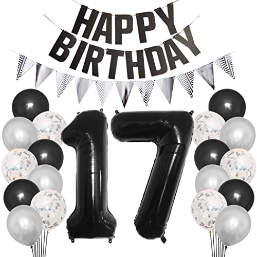 Borsgye 17. Geburtstag Deko Set 17 Jahr Geburtstagsdeko Ballon Männer Junge Frauen Schwarz Happy Birthday Banner Silber Glitzernder Dreiecks Banner Konfetti Luftballons Schwarz Folienballon Zahl 17 von Borsgye