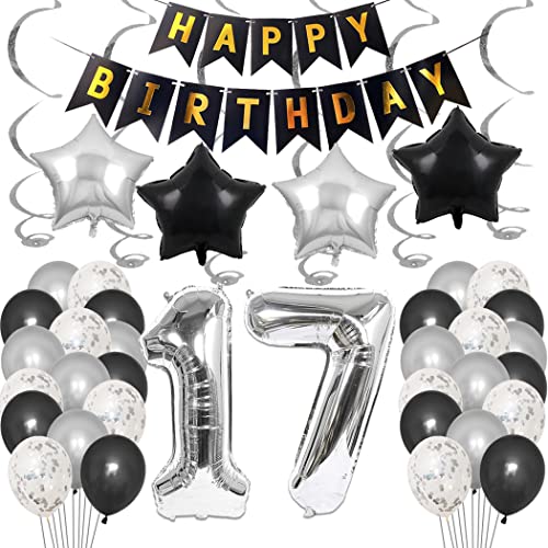 Borsgye 17. Geburtstag Dekoration Set 17 Jahr Geburtstagsdeko Ballon Männer Junge Frauen Schwarz Happy Birthday Banner Folie Sterne Luftballons Konfetti Luftballons Silber Folienballon Zahl17 von Borsgye