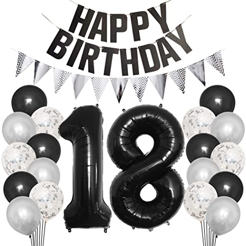 Borsgye 18. Geburtstag Deko Set 18 Jahr Geburtstagsdeko Ballon Männer Junge Frauen Schwarz Happy Birthday Banner Silber Glitzernder Dreiecks Banner Konfetti Luftballons Schwarz Folienballon Zahl 18 von Borsgye