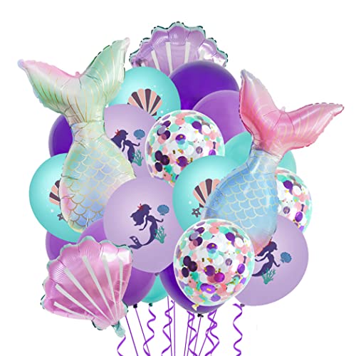 Borsgye 22 Stück Großes Meerjungfrau Folienballons Muscheln Ozean Helium Mylar Ballons Lila Luftballon Blaue Glitzer Latexballons Happy Birthday Mädchen Jungen Party Geburtstag Deko- Neu von Borsgye