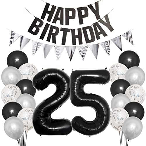 Borsgye 25. Geburtstag Deko Set 25 Jahr Geburtstagsdeko Ballon Männer Junge Frauen Schwarz Happy Birthday Banner Silber Glitzernder Dreiecks Banner Konfetti Luftballons Schwarz Folienballon Zahl 25 von Borsgye