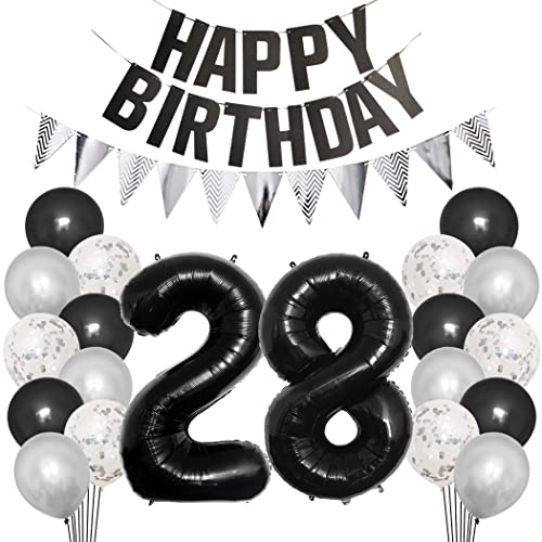 Borsgye 28. Geburtstag Deko Set 28 Jahr Geburtstagsdeko Ballon Männer Junge Frauen Schwarz Happy Birthday Banner Silber Glitzernder Dreiecks Banner Konfetti Luftballons Schwarz Folienballon Zahl 28 von Borsgye