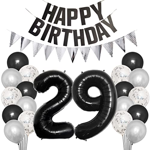 Borsgye 29. Geburtstag Deko Set 29 Jahr Geburtstagsdeko Ballon Männer Junge Frauen Schwarz Happy Birthday Banner Silber Glitzernder Dreiecks Banner Konfetti Luftballons Schwarz Folienballon Zahl 29 von Borsgye