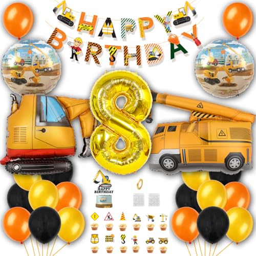 Borsgye Bagger Geburtstag Deko BAU Geburtstagsfeier Set Konstruktion Lastwagen Kran Folienballons Happy Birthday Banner Konstruktion Themed Ballons Zahl 8 mit Verkehrsschild Kuchendeckel von Borsgye