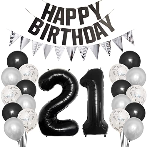 Borsgye 21. Geburtstag Deko Set 21 Jahr Geburtstagsdeko Ballon Männer Junge Frauen Schwarz Happy Birthday Banner Silber Glitzernder Dreiecks Banner Konfetti Luftballons Schwarz Folienballon Zahl 21 von Borsgye