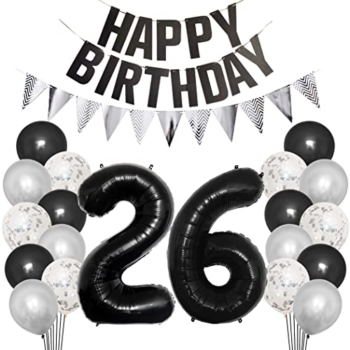 Borsgye 26. Geburtstag Deko Set 26 Jahr Geburtstagsdeko Ballon Männer Junge Frauen Schwarz Happy Birthday Banner Silber Glitzernder Dreiecks Banner Konfetti Luftballons Schwarz Folienballon Zahl 26 von Borsgye