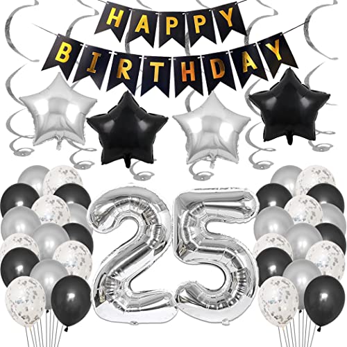 Borsgye 25. Geburtstag Dekoration Set 25 Jahr Geburtstagsdeko Ballon Männer Junge Frauen Schwarz Happy Birthday Banner Folie Sterne Luftballons Konfetti Luftballons Silber Folienballon Zahl 25 von Borsgye