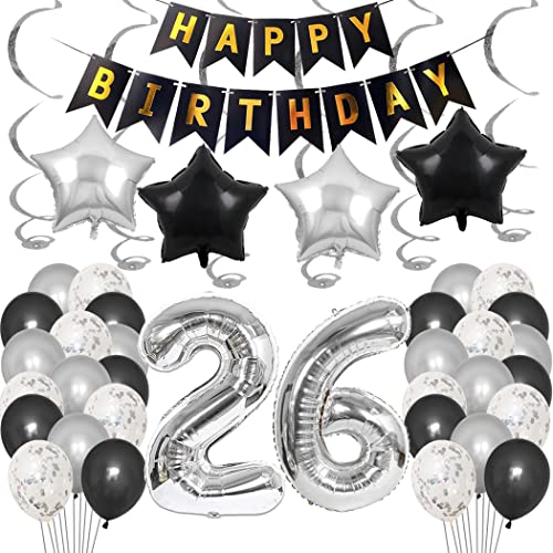 Borsgye 26. Geburtstag Dekoration Set 26 Jahr Geburtstagsdeko Ballon Männer Junge Frauen Schwarz Happy Birthday Banner Folie Sterne Luftballons Konfetti Luftballons Silber Folienballon Zahl 26 von Borsgye