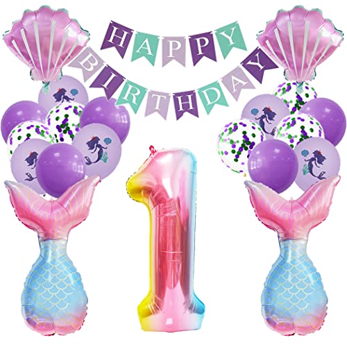 Borsgye Großes Meerjungfrau Folienballons Muscheln Ozean Helium Mylar Ballons Happy Birthday Banner Lila Luftballon Glitzer Latexballons Happy Birthday Mädchen Party Geburtstag Deko - Zahl 1 von Borsgye