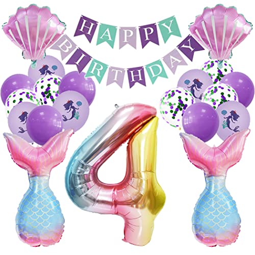 Borsgye Großes Meerjungfrau Folienballons Muscheln Ozean Helium Mylar Ballons Happy Birthday Banner Lila Luftballon Glitzer Latexballons Happy Birthday Mädchen Party Geburtstag Deko - Zahl 4 von Borsgye