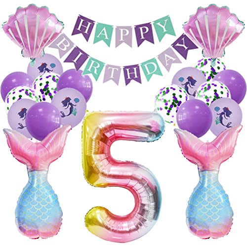 Borsgye Großes Meerjungfrau Folienballons Muscheln Ozean Helium Mylar Ballons Happy Birthday Banner Lila Luftballon Glitzer Latexballons Happy Birthday Mädchen Party Geburtstag Deko - Zahl 5 von Borsgye