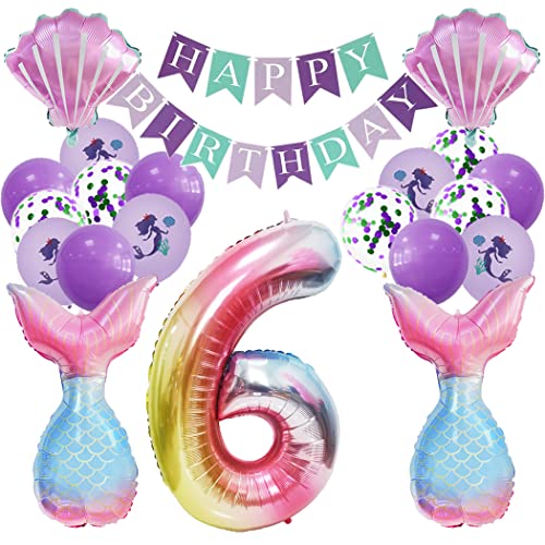 Borsgye Großes Meerjungfrau Folienballons Muscheln Ozean Helium Mylar Ballons Happy Birthday Banner Lila Luftballon Glitzer Latexballons Happy Birthday Mädchen Party Geburtstag Deko - Zahl 6 von Borsgye