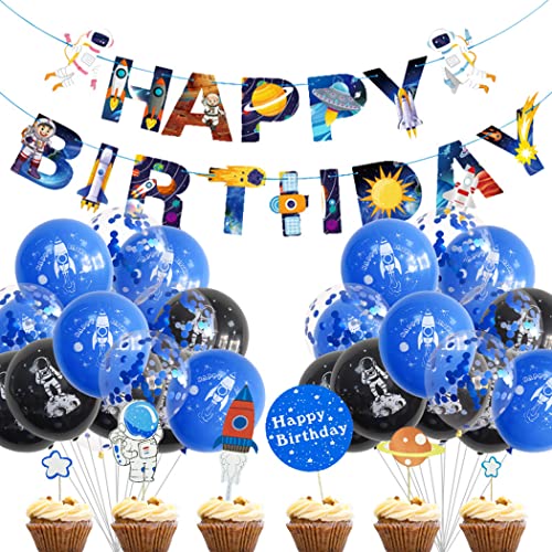 Borsgye Weltraum Geburtstag Party Dekoration Astronauten Raketen Happy Birthday Banner Geburtstagsdeko Jungen Kinder Birthday Geburtstag Luftballons Deko Kuchendeckel Blau Latexballons von Borsgye