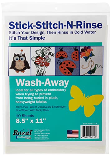 Bosal 8.5"x11" Stick-Stitch-N-Rinse Wash-Away Stabilisator, 21,6 x 27,9 cm, 10 Stück, sonstiges, Mehrfarbig, Count (Pack of 1) Bosal 8.5"x11" Stick-Stitch-N-Rinse Wash-Away Stabilisator, 21,6 x 27,9 cm, 10 Stück, sonstiges, Mehrfarbig, Count (Pack of 1) von Bosal
