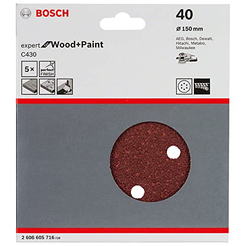 Bosch Accessories Bosch Professional Schleifblatt für Exzenterschleifer Holz und Farbe (5 Stück, Ø 150 mm, Körnung 40, C430), Grau (Gris) von Bosch Accessories