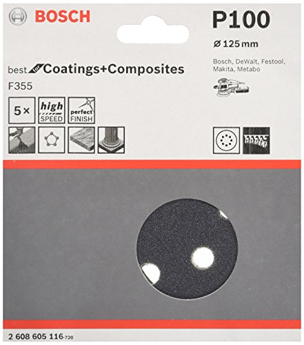Bosch 5x PRO F355 Schleifscheibe (für Beton, Harter Stein, Ø mm, Körnung 100, Professional Zubehör Exzenterschleifer) von Bosch