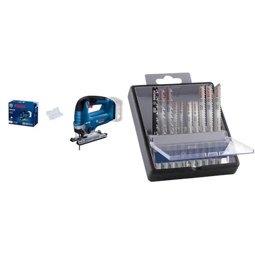 Bosch 06015B3021 Professional GST 185-LI Akku-Stichsäge Solo (Karton) + 10x PRO Hardwood and Laminate Stichsägeblatt-Set, 10-tlg. (für Hartholz, Parkett, Länge 83 mm, Professional Zubehör Stichsäge) von Bosch Professional