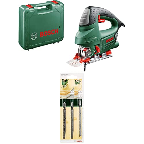 Bosch Stichsäge PST 900 PEL (Hubzahl bei Leerlauf 500 bis 3100 U/min, in Kunststoffkoffer) + 3tlg. Stichsägeblatt-Set Extra Clean for Hard Wood zum Sägen in Hartholz von Bosch Home and Garden