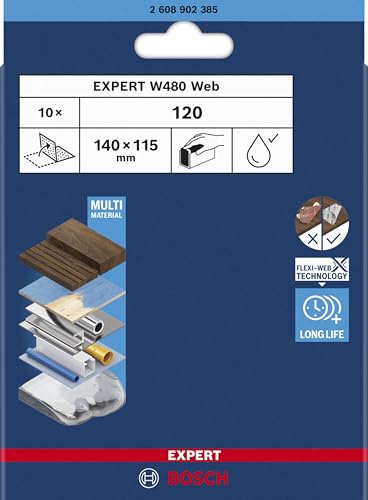 Bosch 10x EXPERT W480 Web 1/4 Handschleifblatt (für Hartholz, Farbe auf Holz, Ø 115x140 mm, Körnung 120, Professional Zubehör Handschleifen) von Bosch