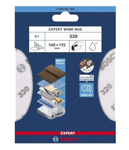 Bosch 2x EXPERT W480 Web 1/4 Handschleifblatt (für Hartholz, Farbe auf Holz, Ø 115x140 mm, Körnung 320, Professional Zubehör Handschleifen) von Bosch