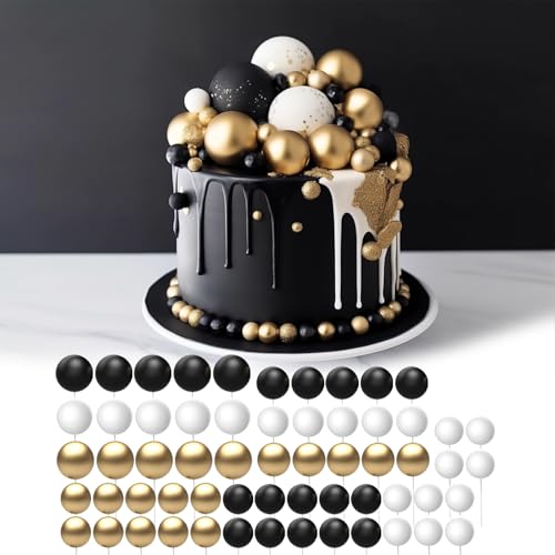 60 PCS Tortendeko Kugel,Torten Deko,Cake Topper Dekorationen DIY Mini Ballon Cupcake Einsatz für Geburtstag Party Baby Dusche Hochzeit Weihnachten(Schwarz Gold Weiß) von Bosillsm