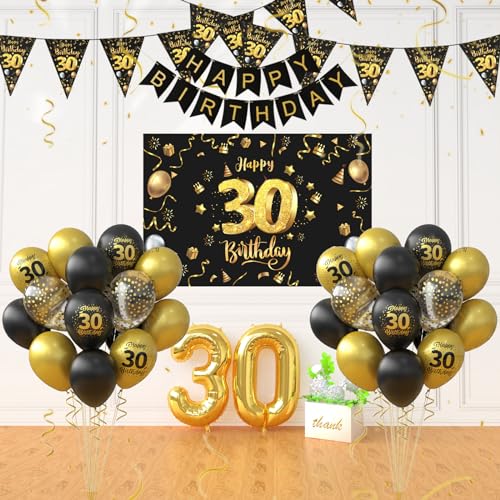 Bosillsm Geburtstagsdeko,30. Geburtstag MäDchen Junge,30 Geburtstag Deko,Birthday Decorations Ballon Geburtstagsdeko Schwarz Gold für Birthday Party von Bosillsm